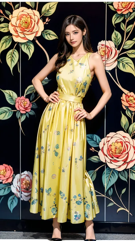 ((masterpiece)),(((Highest quality))),Thin thighs,Long legs,whole body:1.5，(One Girl:1.3),(Black pantyhose and thick pointy heels：1.3),(Wearing a colorful camellia flower pattern long skirt dress:1.2),Short Blonde:1.2、Model pose，