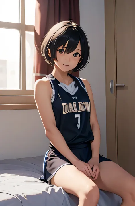 girl in volleyball uniform, short hair,put your hair on your ears,black hair,(smile),inside the room, summer,tank top,bed,sit do...