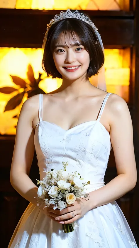 (8K、RAW Photos、Highest quality、masterpiece:1.2)、(Realistic、Realistic)、1 Girl、((Wedding dress、Chapel、Short Hair、View from the front、smile、Look at the camera and smile、stand))、cute