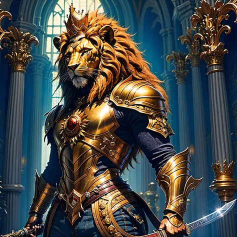 a human-like lion,highly detailed,wearing advanced body, bright shining eyes, golden titanium crown,wielding a shining sword,guarding an important location,dramatic lighting,cinematic composition,hyper realistic,award winning digital art,intricate details,...