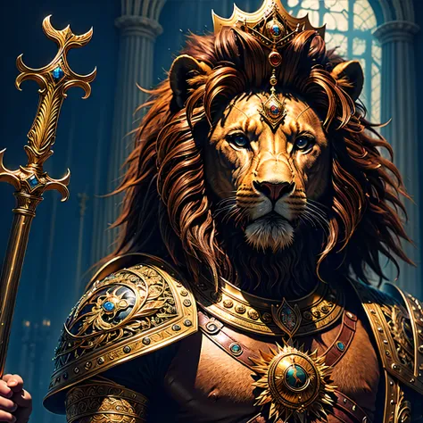 a human-like lion,highly detailed,wearing advanced body, bright shining eyes, golden titanium crown,wielding a shining sword,guarding an important location,dramatic lighting,cinematic composition,hyper realistic,award winning digital art,intricate details,...