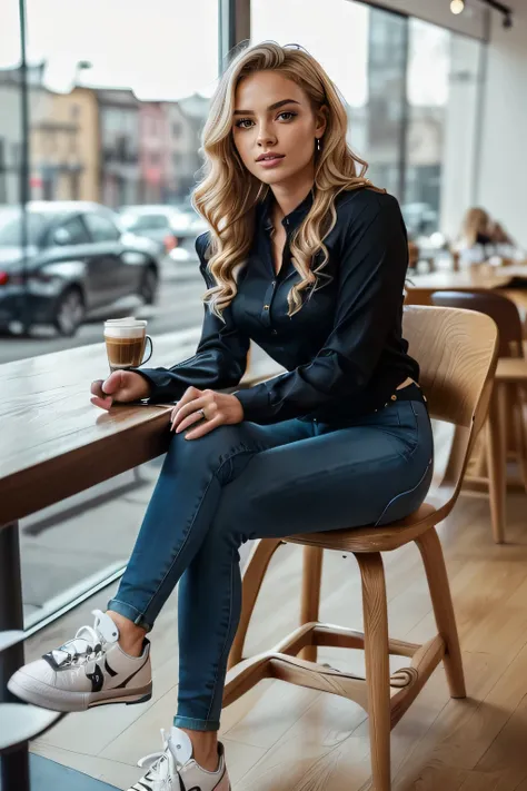 high quality,16K:1.1),((German women sitting on chairs in a coffee shop） 、(Full Body Shot:1.2),(),Blonde wavy hair、、ear piercing、smile、Beautiful teeth alignment、((Long sleeve blouse、Skinny jeans、sneakers)), ,(View your audience:1.3),The background is a cof...