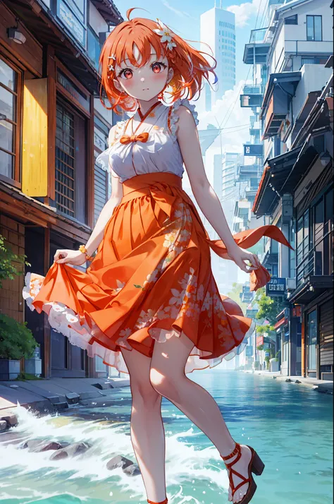 chika　takami,Orange Hair,Red eyes,Orange sleeveless dress,Long skirt,Cute heeled sandals,Walking,Daytime,Clear skies,whole bodyがイラストに入るように break outdoors, Coastal Road,Building district, break looking at viewer, whole body, break (masterpiece:1.2), Highest...