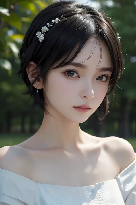 (((Black Short Hair))),  (grassland), Seductive pose, 背景がgrassland、Image from chest up:1.6)、Close-up portrait of a woman wearing a white off-the-shoulder top dress and earrings, Soft portrait shot 8k, Nice delicate face, High-quality 4K portraits, High-qua...