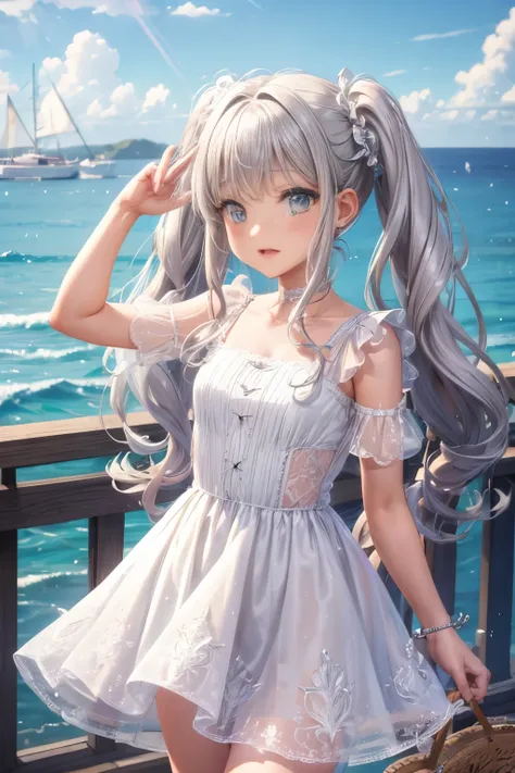 girl long silver twintails Cute detailed face light yellow detailed lace Short dress Seaside in summer Skirts that flip in the wind on yatch