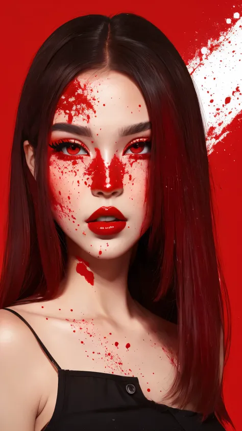  The image is a digital illustration of a woman with red lips and red splattered background.