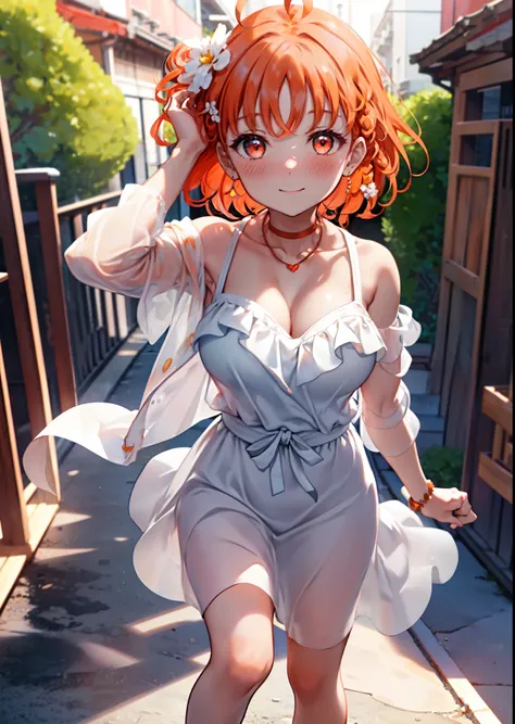 chika　takami,Orange Hair,Ahoge,Red eyes,smile,blush,Orange off-shoulder dress,Bare shoulders,bare clavicle,Bare neck,Heart-shaped necklace,Long skirt,Cute heeled sandals,Walking,Daytime,Clear skies,whole bodyがイラストに入るように break outdoors, Building district, b...