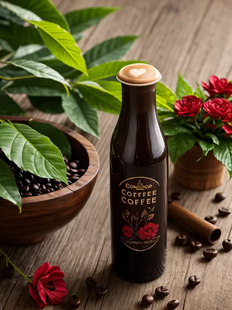 Create an ultra-detailed, best quality, high-resolution masterpiece of coffee bottle,brand name varison, black cap, body,clear look of coffee bottle,red flower on bottle,all ingredient of coffee writen in point at Connor side, put on cherry wood table, bac...