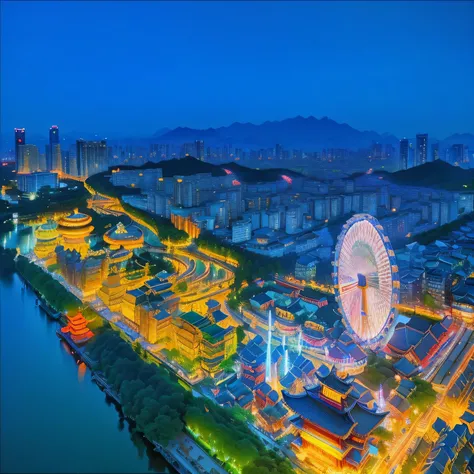 arafed view of a ferris wheel and a City at night, festival. Night scenery, summer festival night, colorful City, Shenzhen, Pyongyang City, Seoul, Graphic illustration, City, Ultra-wide-angle lens with vivid colors, wonderful, genius, night, Blue Moment Il...