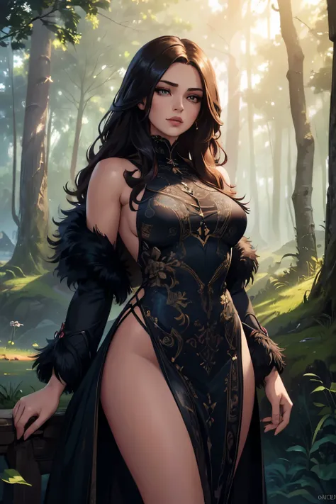 a beautiful woman with long flowing hair, detailed eyes, full lips, wearing a low-cut backless dress with a thigh-high slit, a fur coat on her arms, standing in a serene forest landscape with sunbeams filtering through the trees, (best quality,4k,8k,highre...