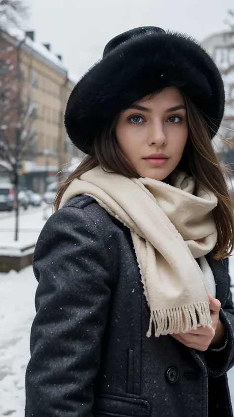 (Black Cossack hat), (Overcoat for cold weather, denim), (White Mink scarf:1.3),  (Black mitten:1.3), front view , Full-body, standing pose, looking at viewer,  Russian girl, 18 age old, (Blond hair, middle hair ,  wince, Gray eyes, beautiful lip,  serious...