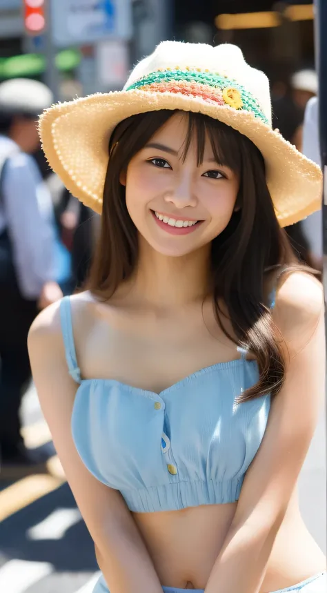 masterpiece,best quality,(Japanese ),((Beautiful girl)),(perfect body beauty:1.2),(shy smile),beautiful teeth,(bright colored hat),(Shibuya scramble crossing),