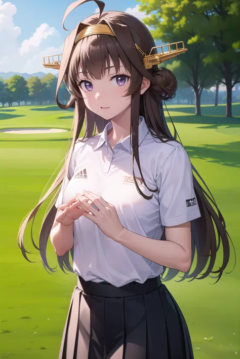 kancolle kongou, black, ahoge, brown hair, double bang, hair bun, hair bunド, headgear, long hair, (purple eyes:1.1), 
(golf wear...