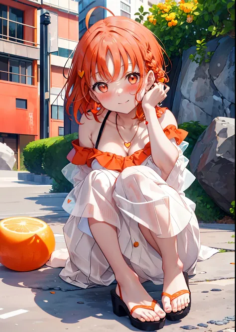 chika　takami,Orange Hair,Ahoge,Red eyes,smile,blush,Orange off-shoulder dress,Bare shoulders,bare clavicle,Bare neck,Short sleeve,Heart-shaped necklace,Long skirt,Cute heeled sandals,Walking,Daytime,Clear skies,whole bodyがイラストに入るように break outdoors, Buildin...