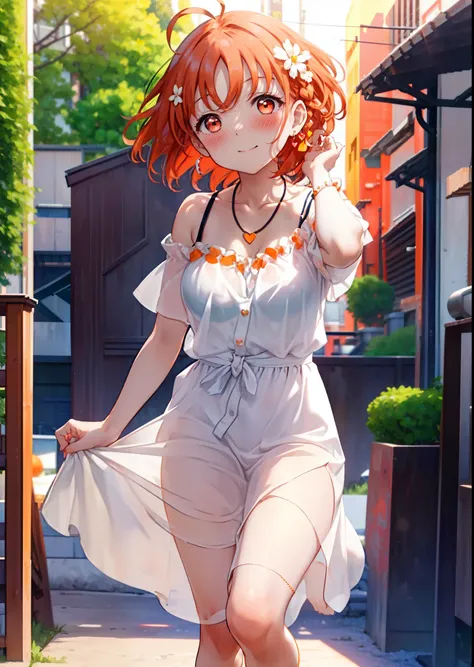 chika takami,Orange Hair,Ahoge,Red eyes,smile,blush,Orange off-shoulder dress,Bare shoulders,bare clavicle,Bare neck,Short sleeve,Heart-shaped necklace,Long skirt,Cute heeled sandals,Walking,Daytime,Clear skies,whole bodyがイラストに入るように break outdoors, Buildin...