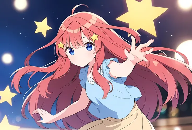 Perfect hands, playing with stars, red hair behind, fix her hands