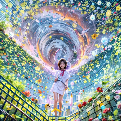 BloodRed, White in Pearly RainbowColors,ExtremelyDetailed(ProfessionalPhoto of Girl Floating in the Sky:1.37)ZoomLayer{Stunning|Mystic|GodRays|Haze}, 57th floor infinity pool in the urban forest. (Masterpiece 8K TopQuality:1.2)(ExtremelyDetailed NOGIZAKA f...