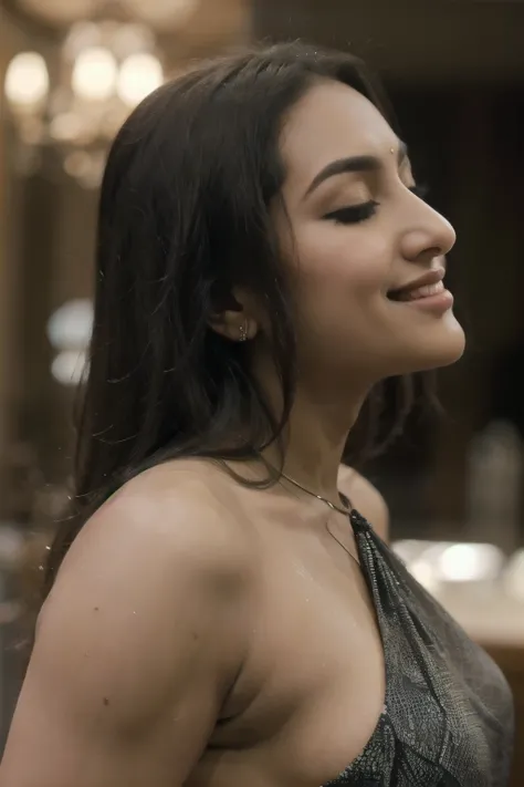 Looks like Sonakshi Sinha,1girl, solo, upper body, side view, viewed from side, smile, sensual expression,eyes closed,leaning forwards,leaned forwards,sweaty