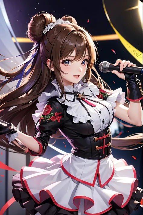 Top quality, ample limbs, perfect fingers, slender beauty, twin-tailed bun hairstyle, brown hair, Deresute, idol costume, beautiful large breasts, live stage, singing