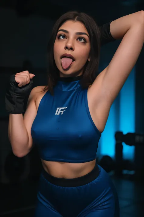 Looks like Kajal Aggarwal,slightly chubby,wearing black boxing gloves,black boxing gloves,boxing ring,sweaty,tired,exhausted,arms raised,both arms up,boxing gloves on both hands, intricate details,dark blue outfit,(ArtStation:1.2),armpits,sweat,sweaty,swea...