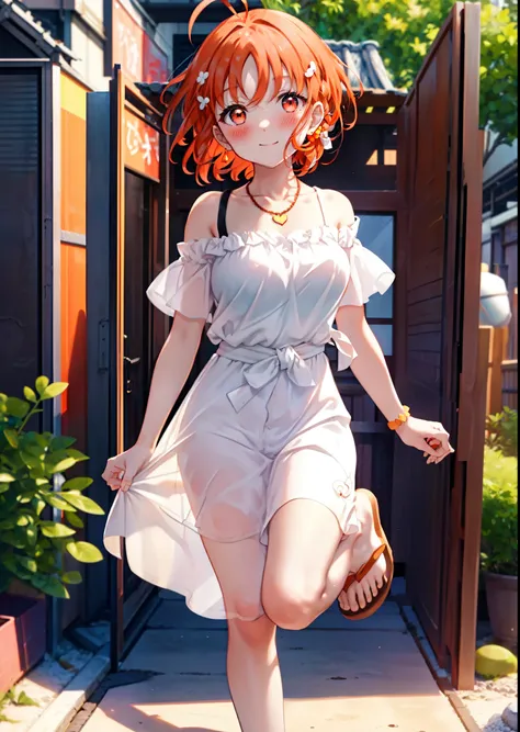 chika　takami,Orange Hair,Ahoge,Red eyes,smile,blush,Orange off-shoulder dress,Bare shoulders,bare clavicle,Bare neck,Short sleeve,Heart-shaped necklace,Long skirt,Cute heeled sandals,Walking,Daytime,Clear skies,whole bodyがイラストに入るように break outdoors, Buildin...