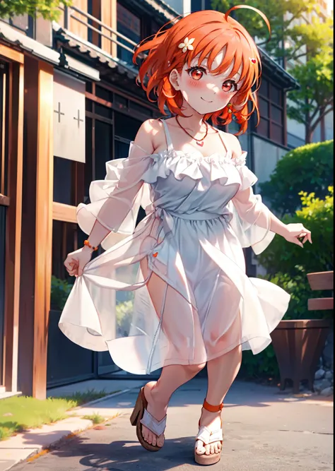 chika　takami,Orange Hair,Ahoge,Red eyes,smile,blush,Orange off-shoulder dress,Bare shoulders,bare clavicle,Bare neck,Short sleeve,Heart-shaped necklace,Long skirt,Cute heeled sandals,Walking,Daytime,Clear skies,whole bodyがイラストに入るように break outdoors, Buildin...