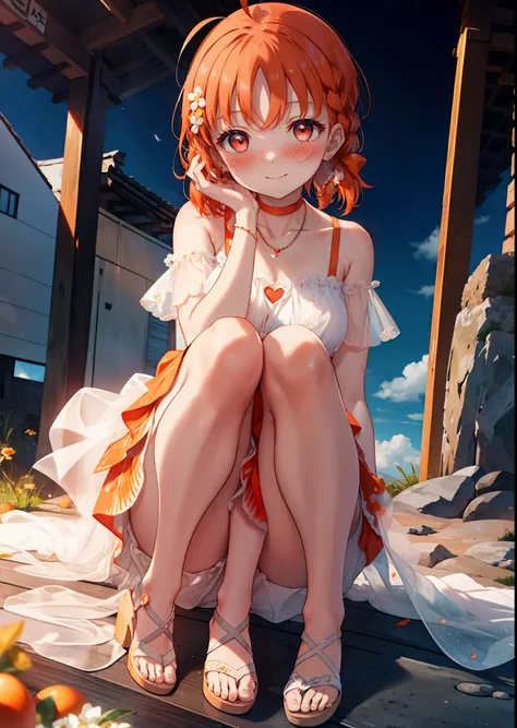 chika　takami,Orange Hair,Ahoge,Red eyes,smile,blush,Orange off-shoulder dress,Bare shoulders,bare clavicle,Bare neck,Short sleeve,Heart-shaped necklace,Long skirt,Cute heeled sandals,Walking,Daytime,Clear skies,whole bodyがイラストに入るように break outdoors, Buildin...