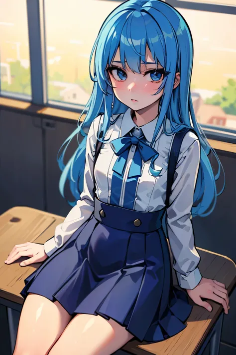 masterpiece, best quality, ultra-detailed, illustration, colorful, flat color, depth of field, lens flare, 1girl, hoshimachi suisei, anime, sitting, blue hair, looking at viewer, school, classroom, school girl, dress, detailed skin texture, detailed cloth ...
