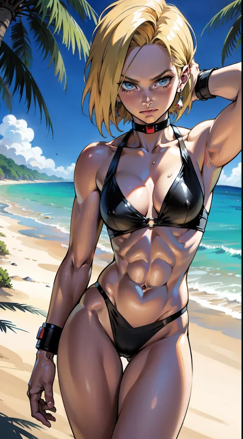 アニメ cel-shading (Android 18), bikini, on the beach in ((anime + manga + comics + cartoon) style) 