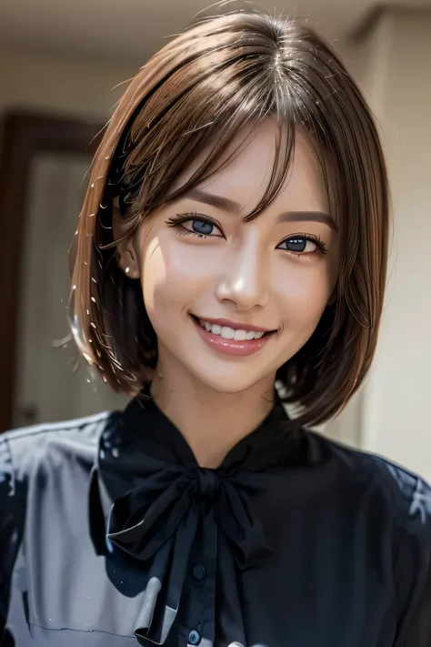 ((masterpiece)), ((Highest quality)), ((Complex)), ((Surreal)), (Realistic), (Mature Woman), ((There are no classes)), Very detailed, (1 female), Beautiful and exquisite, (Beautiful Teeth), Grin, Brunette Bob Hair, Brown eyes, ((blouse)), (Upper Body), (ba...