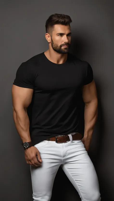 Wearing a black T-shirt bordado con aguila and black jeans, handsome muscular man with a little beard, piernas fuertes y musculosas, gran bulto, wearing a golden watch on his left hand, with his right hand in his pants pocket, white light background , stud...