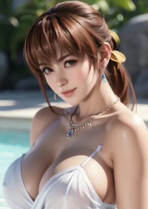 full body shot of kasumi, young face, brown hair, ponytail,  比基尼 , take a bath in the open-air bath, wet and see-through bath to...