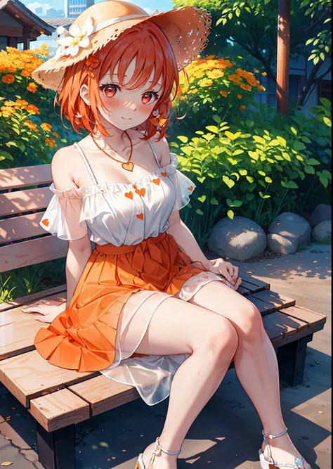 chika　takami,Orange Hair,Red eyes,smile,blush,Big straw hat,Orange off-shoulder dress,Bare shoulders,bare clavicle,Bare neck,Short sleeve,Heart-shaped necklace,Long skirt,Cute heeled sandals,Sitting on a bench,,Daytime,Clear skies,whole bodyがイラストに入るように bre...