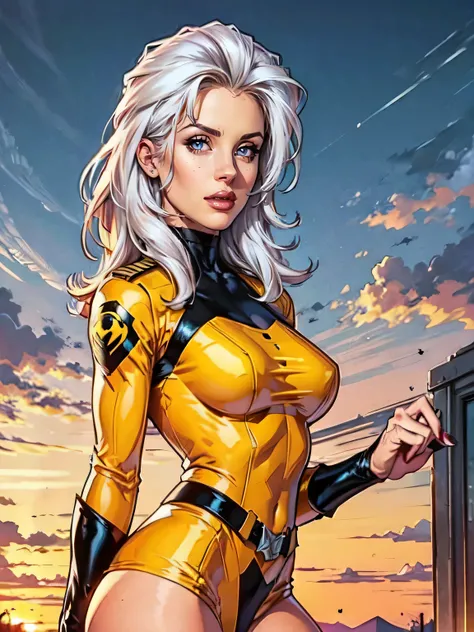 A woman, white hair, hair with bangs, 90s x-men uniform, outside, Marvel art style, comic, blue eyes, some freckles, dark yellow spandex, red accent, perfectly outlined eyes 