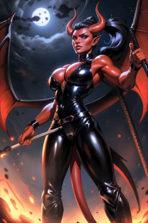 Red skin succubus tiefling, medium breasts, black horns, wings, huge tail, black leather, tall, toned, graceful, thin, long black ponytail. Action scene, whip. Dark scene, explosions, night sky.