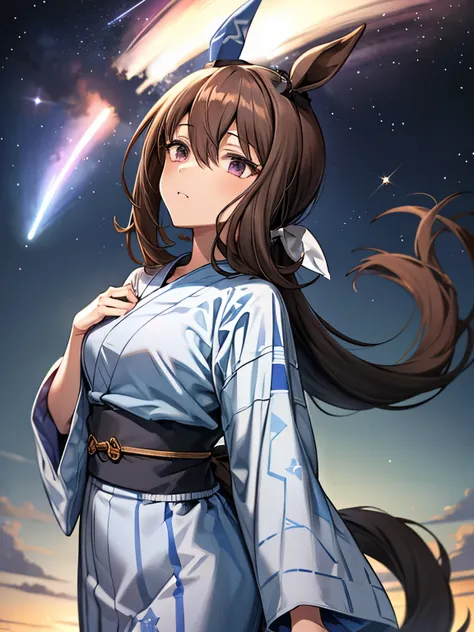 admire vega \(umamusume\) 1 girl, solo, best quality, masterpiece, 8k, high resolution, looking up, stary sky, milky way, yukata...