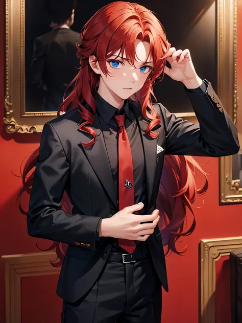 1boy,18 years old, Standing, surprised expression, looking at hands,middle parted hairstyle,talking,Curly hair, red hair, blue eyes, long hair, handsome,,close up photo,Black shirt, black pants, red tie