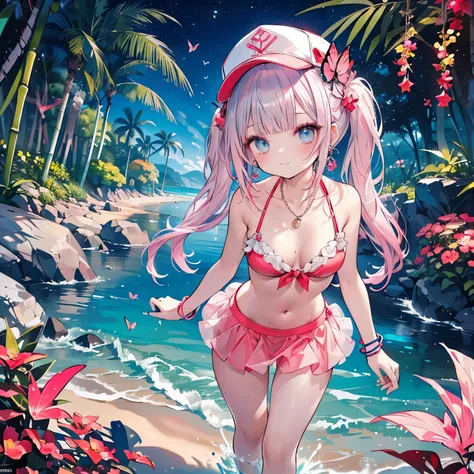 high angle,from above,cleavage,((elegant pink baseball cap)),(colorful bamboo trees and leaves,star festival decorations),
(wearing elegant red round frame glasses,circle frame),((white and red sexy elegant cute string tied summer bikini,sexy red flair min...