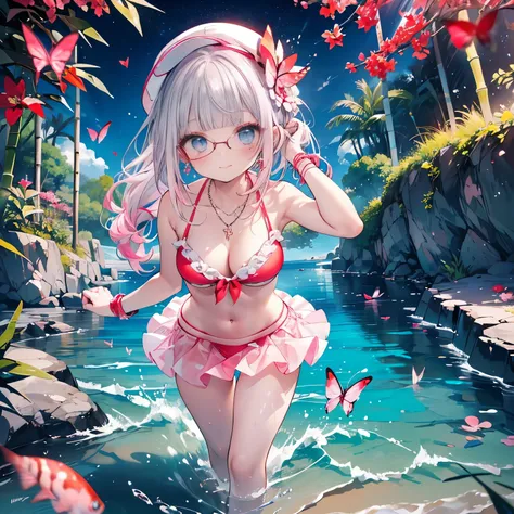 high angle,from above,cleavage,((elegant pink baseball cap)),(colorful bamboo trees and leaves,star festival decorations),
(wearing elegant red round frame glasses,circle frame),((white and red sexy elegant cute string tied summer bikini,sexy red flair min...