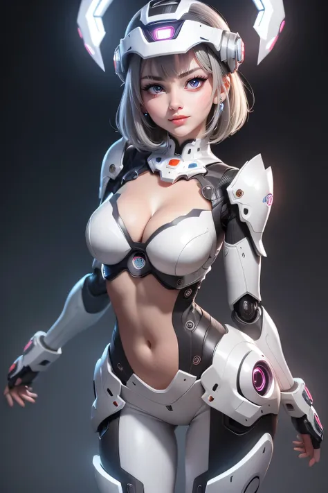 1 cute girl (18yo) , upper body, slim waist, natural medium breast, sexy pose, happy face, bangs, random hairstyle, cleavage, navel, , seductive smile, wear intricately detail hot and sexy outfit,  full robotic costume, wear unique helmet, white color, upp...