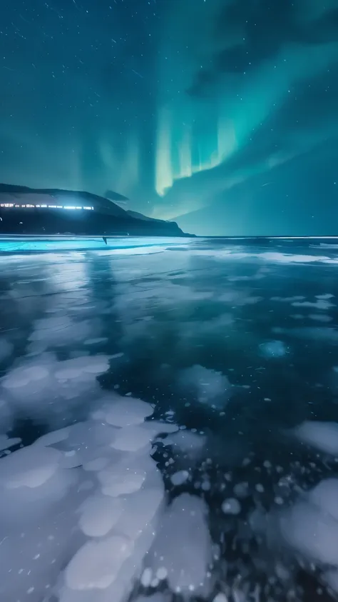 rain on biolumincient sea at night, frozen methane bubble night, blue bioluminescence high above, faint arc of light streching a...