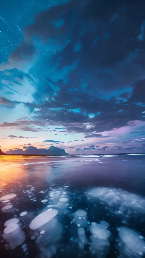 rain on biolumincient sea at night, frozen methane bubble night, blue bioluminescence high above, faint arc of light streching a...