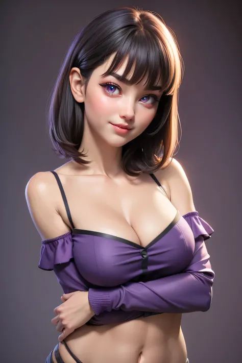 1 woman (40yo), upper body, slim waist, small breast, sexy pose, naugthy face, bangs, cleavage, navel, off shoulder, seductive smile, wear purple sexy , gray background