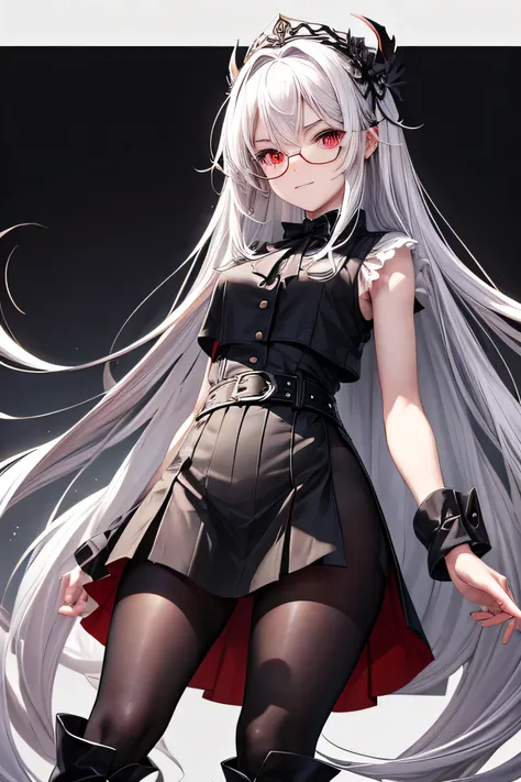 girl alta, secretary attire, black vest, colorful skirt, glasses on the head, defined hands, defined legs, defined face, black eyes, black left eye, right eye colors, Waist length hair, belt, defined smile, look ahead, office, fondo de office, medium bust,...