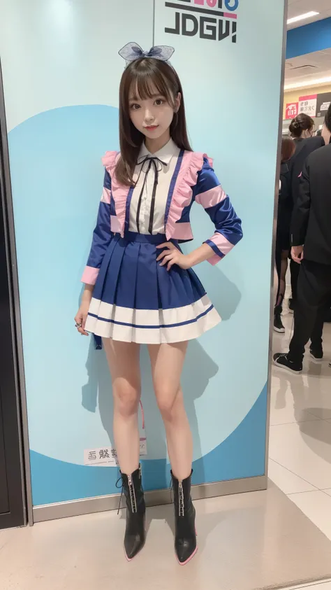 Costume like a idol, blue and white half sleeve Jacket, pink satin ruffled blouse, White and pink stripe pleated skirt, white lace up boots