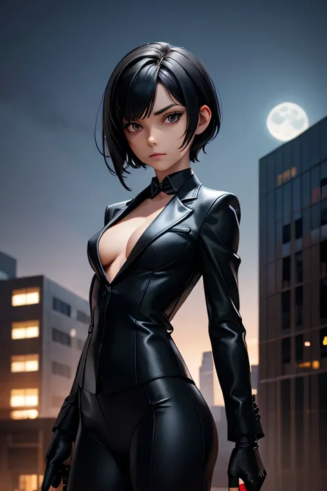 Short black hair, tactics, black gloves, knife in hand, small breasts, ((closed suit)), buildings background, evening, Moonlight