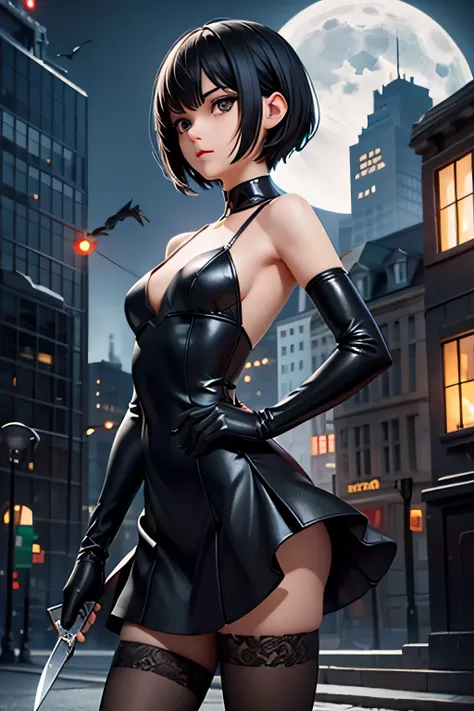 Short black hair, alice dress, black gloves, knife in hand, small breasts, ((closed suit)), buildings background, evening, Moonlight