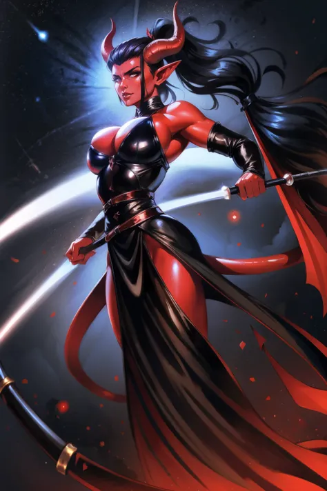 Red skin succubus tiefling, medium breasts, black horns, wings, huge tail, black leather, long flowing pelvic curtain, tall, toned, graceful, thin, long black ponytail. Action scene, whip. Dark scene, explosions, night sky.