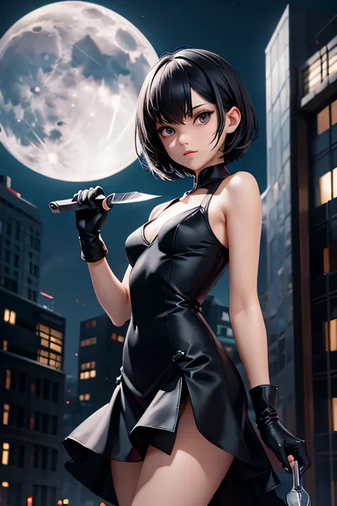 Short black hair, alice dress, black gloves, knife in hand, small breasts, ((closed suit)), buildings background, evening, Moonlight