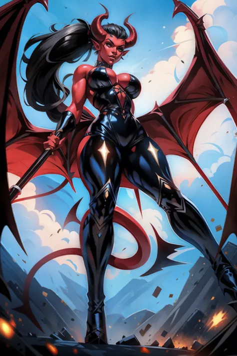 Red skin succubus tiefling, medium breasts, black horns, wings, huge tail, black leather, tall, toned, graceful, thin, long black ponytail. Action scene, shotgun.